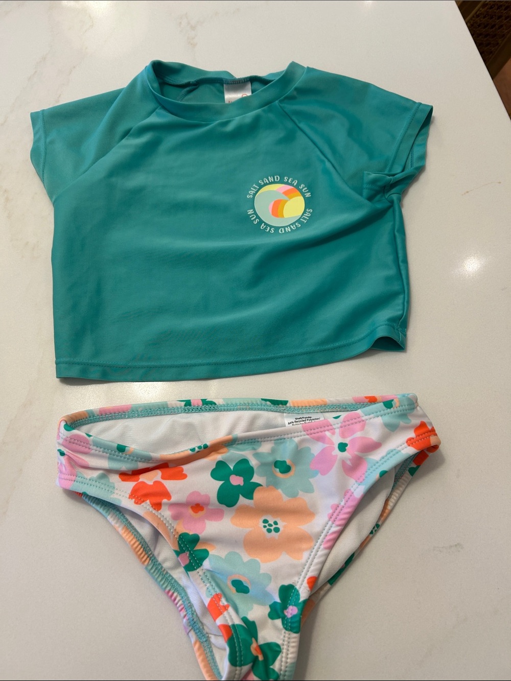 Girls S swim set Kids Teal Rash Guard Swim Top & Floral Bikini Bottom Set